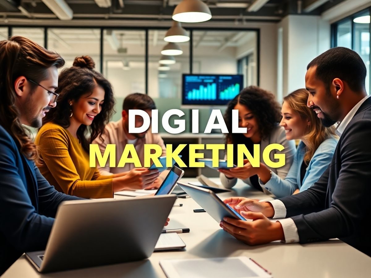 O echipă diversă lucrând împreună la marketing digital.