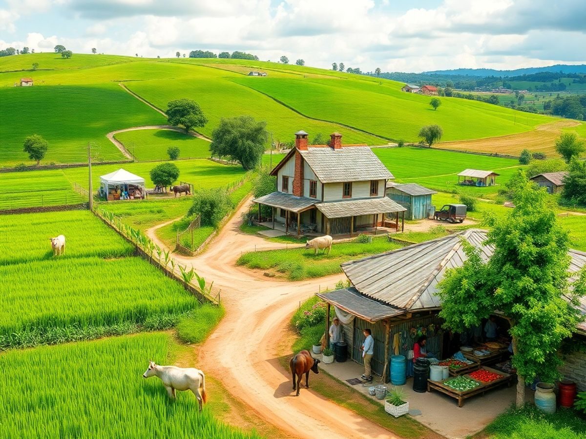 Peisaj rural cu ferme și afaceri locale prospere.