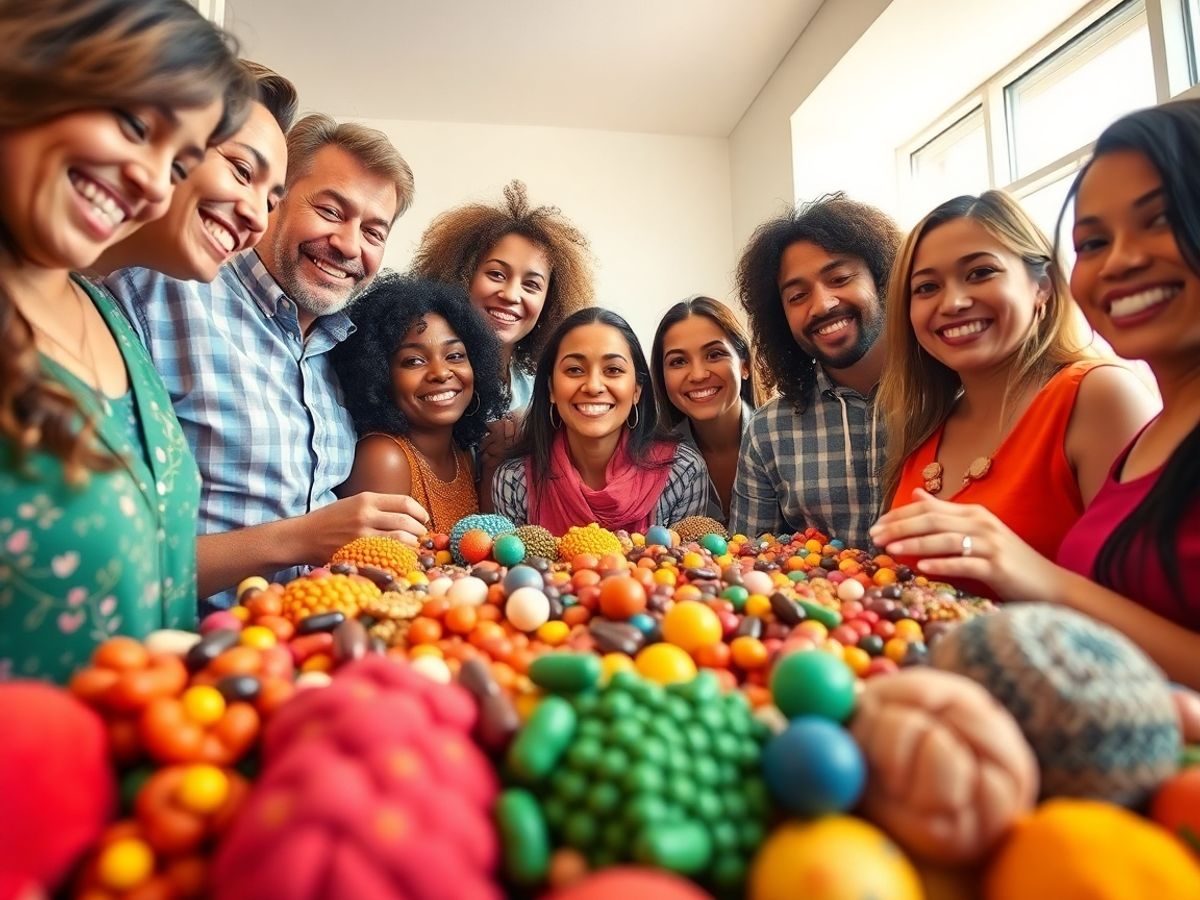 Oameni zâmbitori, produse colorate, creștere, succes