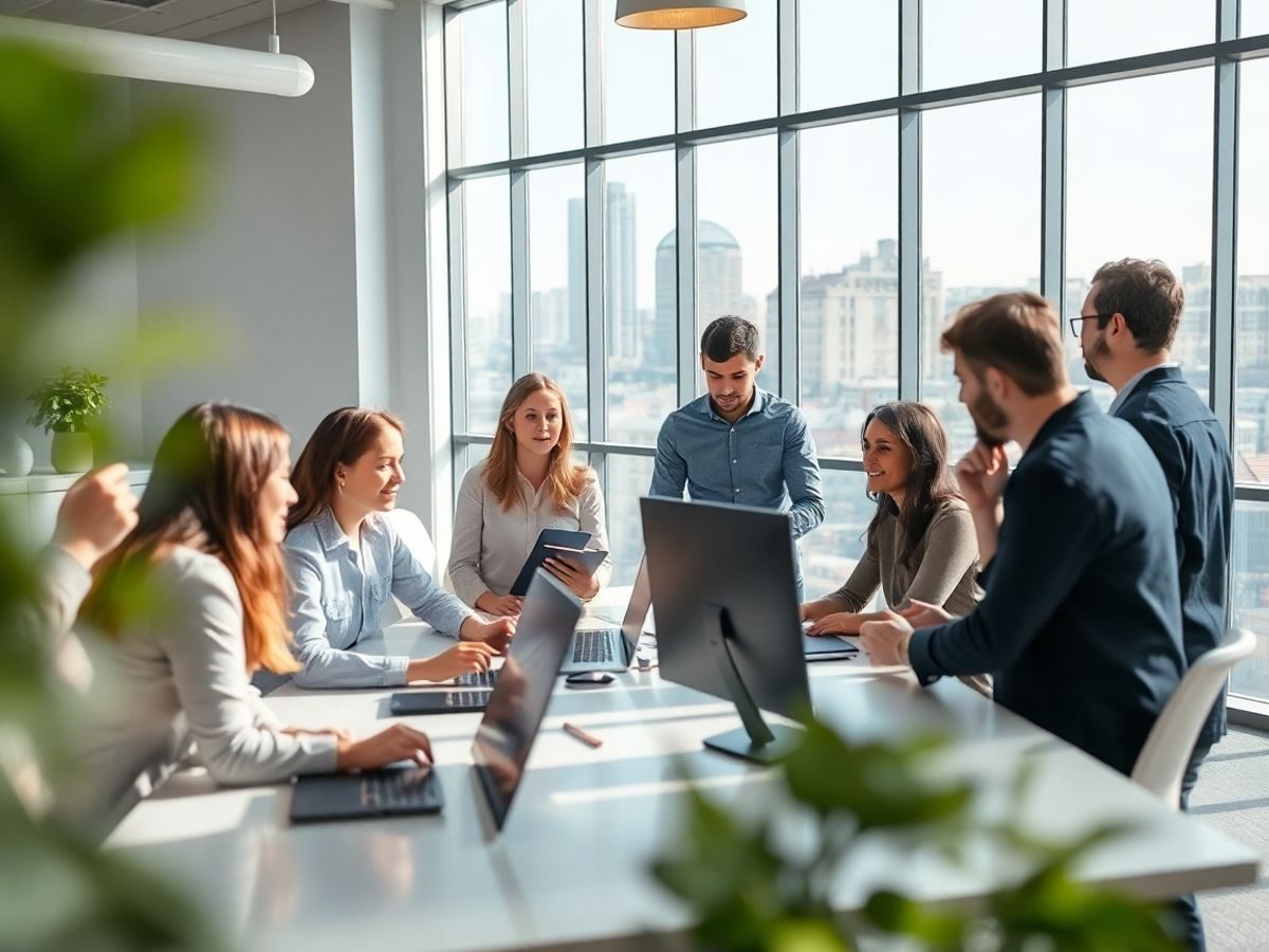 Echipă tânără de start-up colaborând într-un birou modern, oraș românesc.