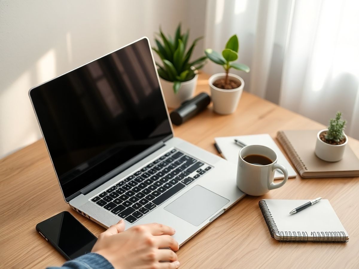 Laptop modern, cafea aburindă, telefon, caiete, pix, plantă și mână