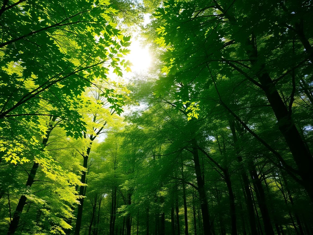 Copaci verzi și lumina soarelui într-o pădure.