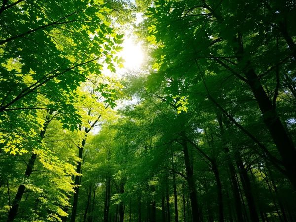 Copaci verzi și lumina soarelui într-o pădure.