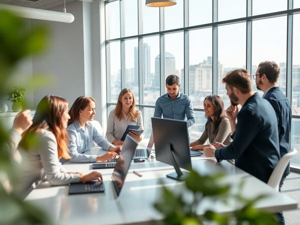Echipă tânără de start-up colaborând într-un birou modern, oraș românesc.